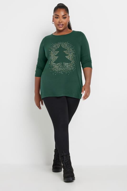 YOURS Plus Size Forest Green Diamante Christmas Tree Top | Yours Clothing  3