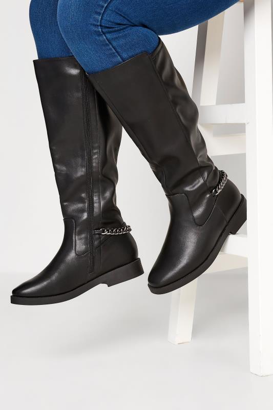 Black Knee High Chain Detail Boots In Wide E Fit & Extra Wide EEE Fit 1