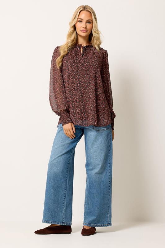 M&Co Black & Red Floral Tie Neck Blouse 1