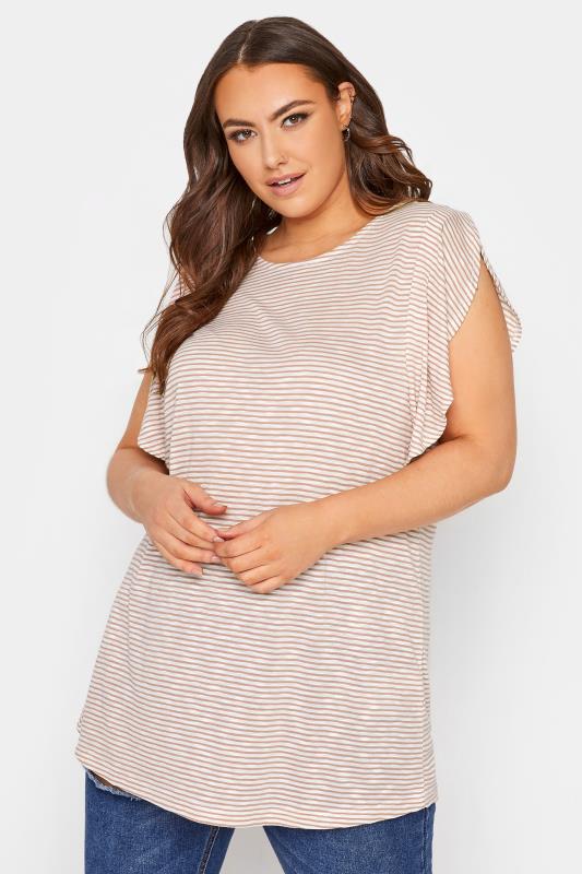 Plus Size White & Pink Striped Frill Sleeve Top | Yours Clothing 1