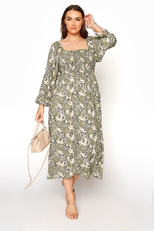 YOURS LONDON Curve Green Shirred Front Floral Maxi Dress 2