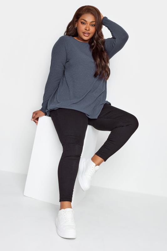 YOURS Plus Size Grey Ribbed Long Sleeve Swing Top | Yours Clothing 2