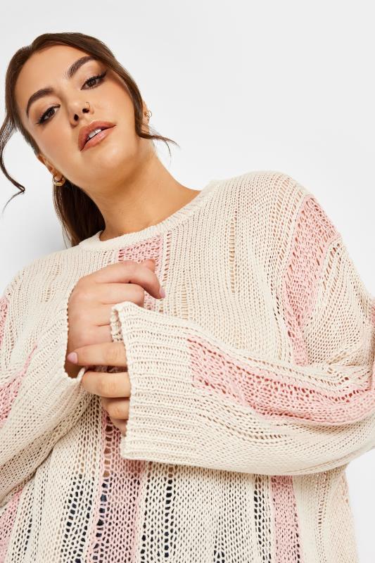 YOURS Plus Size Ivory White Distressed Open Knit Jumper | Yours Clothing 4