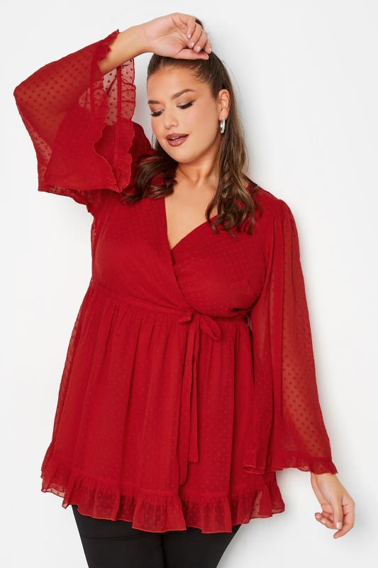 Plus Size  YOURS LONDON Curve Red Dobby Ruffle Wrap Top