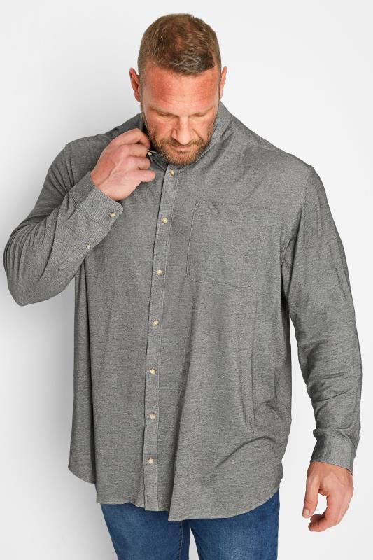 JACK & JONES Big & Tall Grey Pique Long Sleeve Shirt | BadRhino 1
