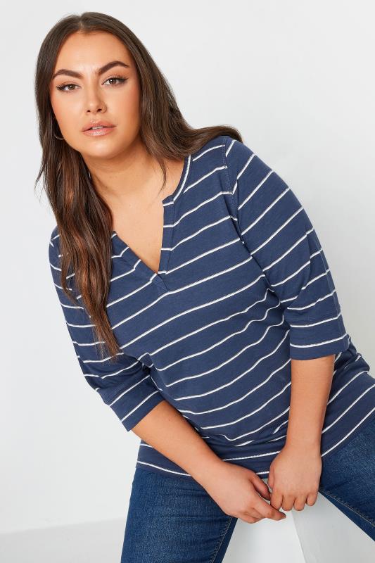 YOURS Plus Size Blue & White Stripe Notch Neck Top | Yours Clothing 1