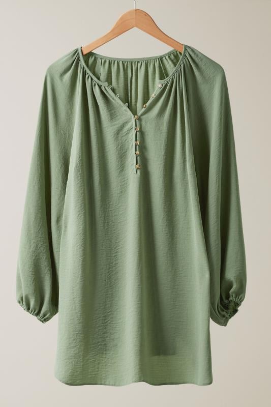 EVANS Plus Size Khaki Green Button Front Long Sleeve Blouse | Evans 6