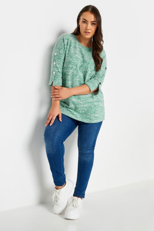 YOURS LUXURY Plus Size Green Button Sleeve Soft Touch Jumper | Yours Clothing 2