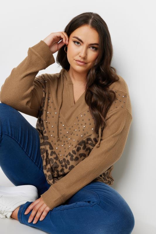  Tallas Grandes YOURS Curve Brown Leopard Print Embellished Hoodie