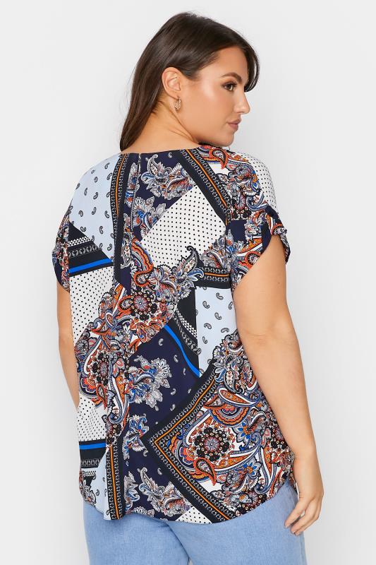 Plus Size Blue Paisley Print Short Sleeve Top | Yours Clothing  3