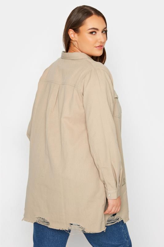 Plus Size Beige Brown Long Sleeve Distressed Denim Shirt | Yours Clothing  3