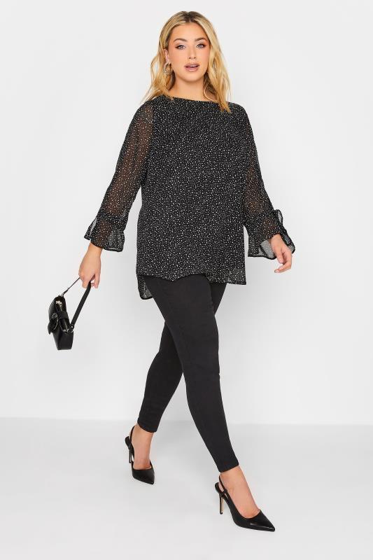 YOURS Plus Size Curve Black & White Small Polka Dot Bell Sleeve Blouse | Yours Clothing  2