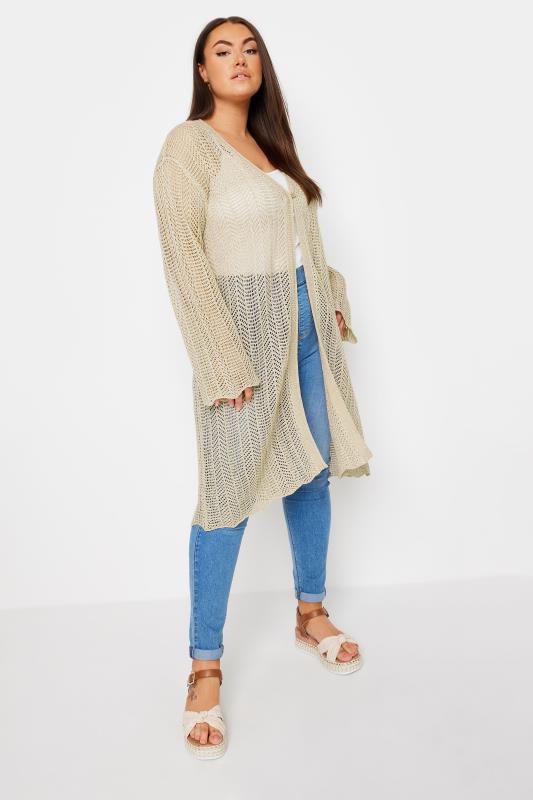YOURS Plus Size Natural Brown Crochet Midi Cardigan | Yours Clothing 2