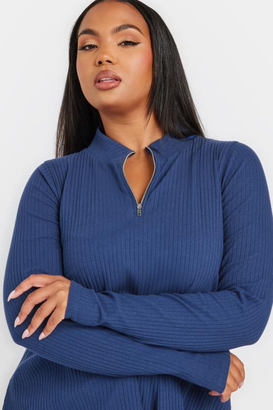 YOURS Plus Size Blue Ribbed Quarter Zip Top | Yours Clothing 4