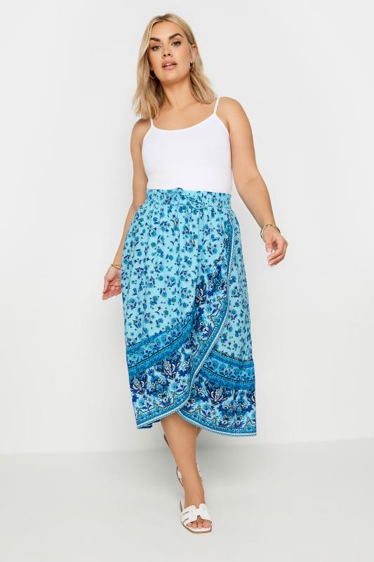 YOURS Plus Size Blue Floral Print Wrap Skirt | Yours Clothing 2