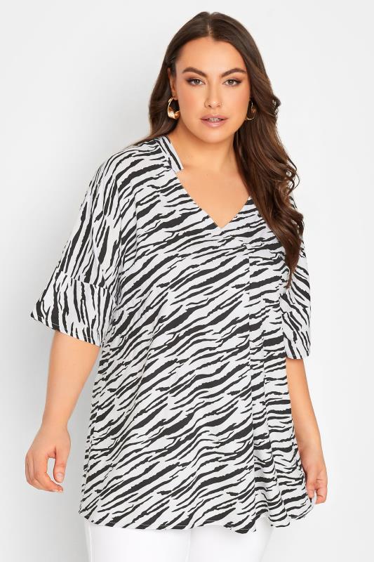  YOURS Curve White Zebra Print Pleat Front Top