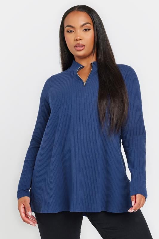 YOURS Plus Size Blue Ribbed Quarter Zip Top | Yours Clothing 1