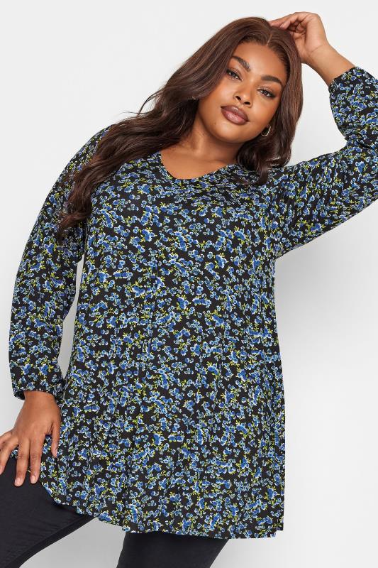 Plus Size Blue Long Sleeve Floral Print Swing Top | Yours Clothing 1