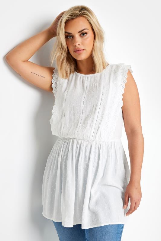YOURS Plus Size White Crinkle Dobby Peplum Top | Yours Clothing 1