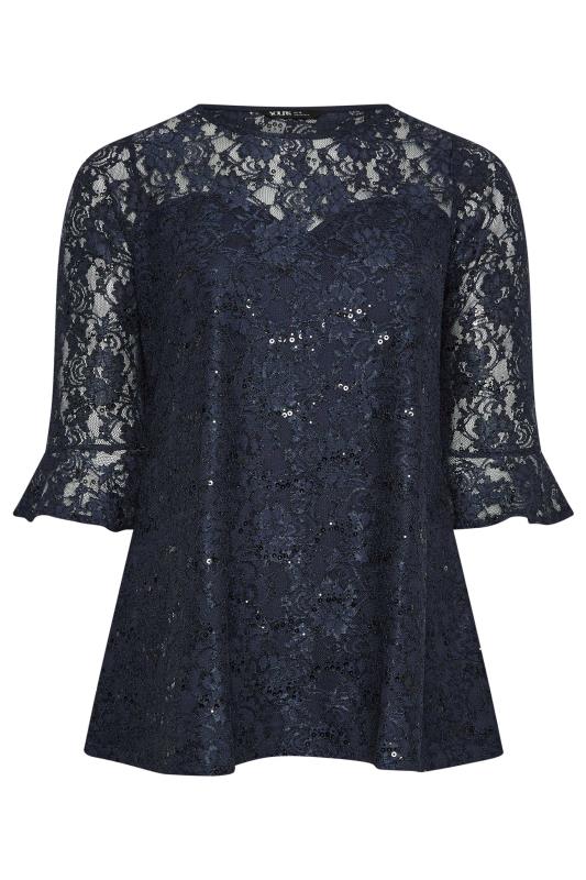 YOURS Plus Size Dark Blue Lace Sequin Embellished Swing Top | Yours Clothing 5