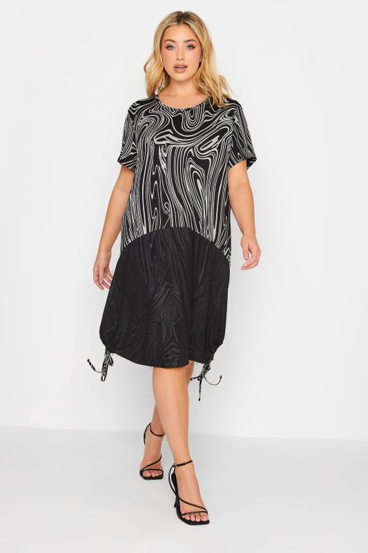YOURS Plus Size Black Marble Print Mesh Front Dress | Yours Clothing 1