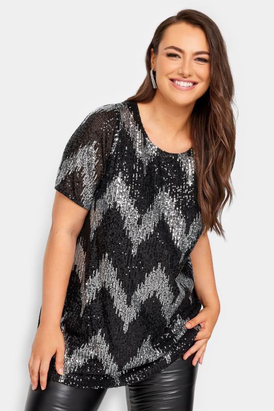 YOURS LONDON Plus Size Zig Zag Print Sequin T-Shirt | Yours Clothing 1