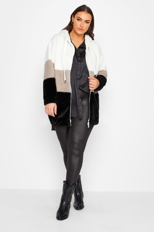YOURS LUXURY Plus Size Black Colour Block Faux Fur Hooded Coat | Yours Clothing 2