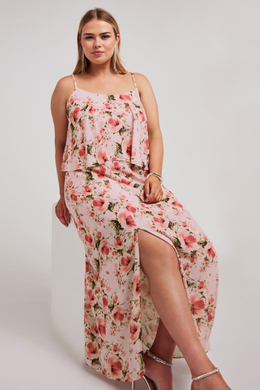Plus Size  YOURS LONDON Curve Pink Floral Print Overlay Maxi Dress