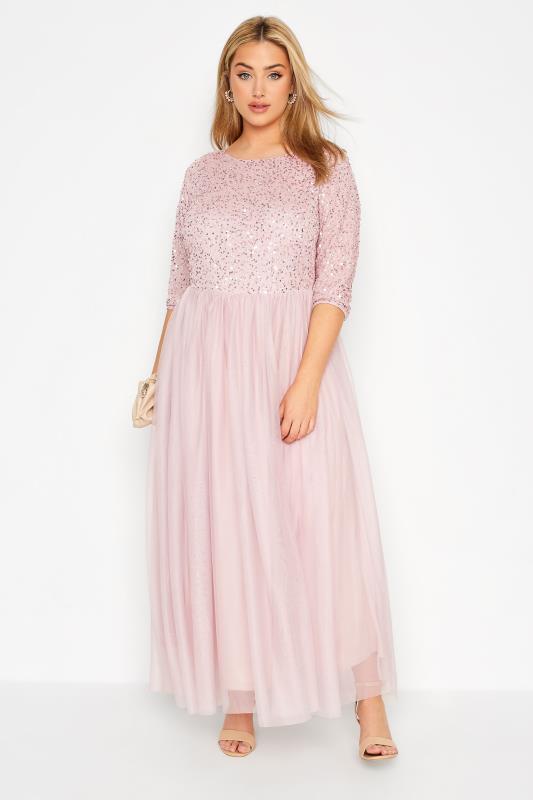 LUXE Curve Pink Sequin Hand Embellished Maxi Dress