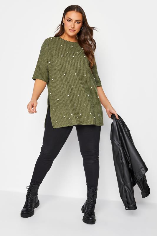 Plus Size Khaki Green Pearl Embellished Split Hem T-Shirt | Yours Clothing 2