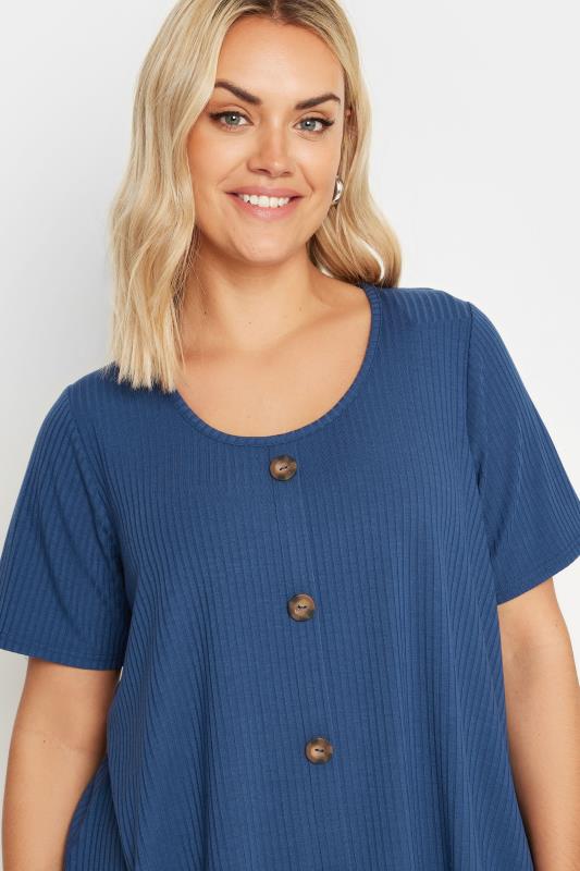YOURS Plus Size Blue Button Front Ribbed T-Shirt | Yours Clothing 4