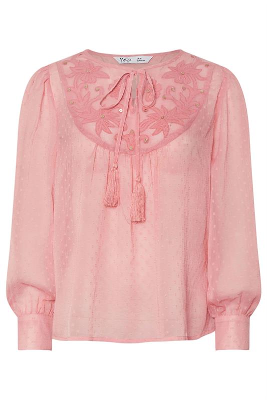 M&Co Petite Blush Pink Floral Embroidered Tie Neck Blouse | M&Co 5