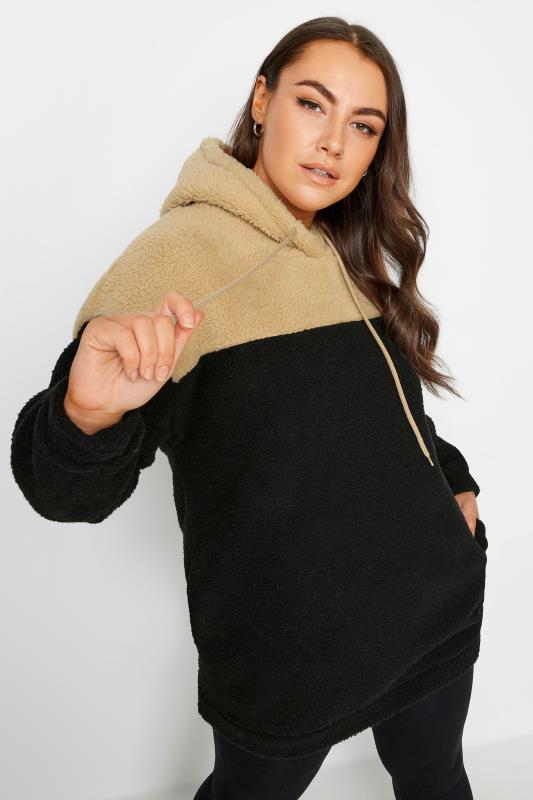 YOURS Plus Size Black & Brown Colour Block Teddy Hoodie | Yours Clothing 1