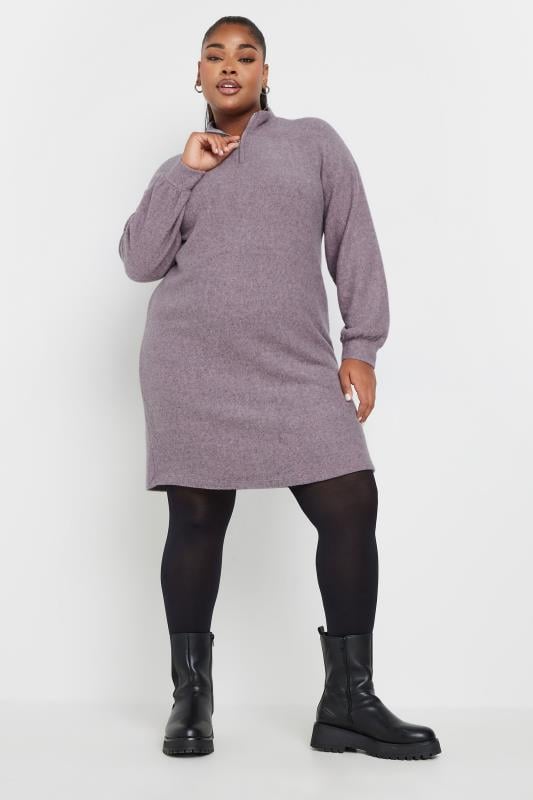 YOURS Plus Size Purple Zip Neck Soft Touch Jumper Dress | Yours Clothing 2