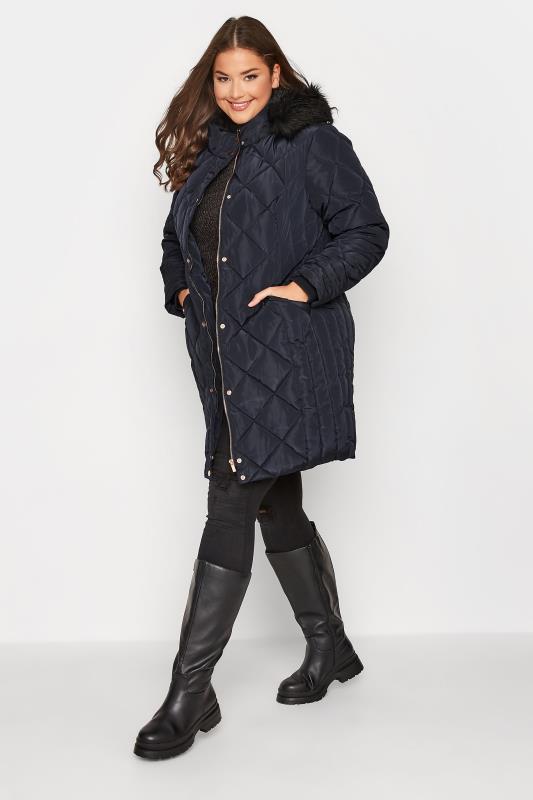 Curve Navy Blue Diamond Quilted Midi Puffer Coat | Yours Clothing 3