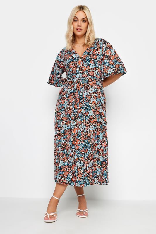 YOURS Plus Size Light Blue Floral Print Midaxi Wrap Dress | Yours Clothing 1