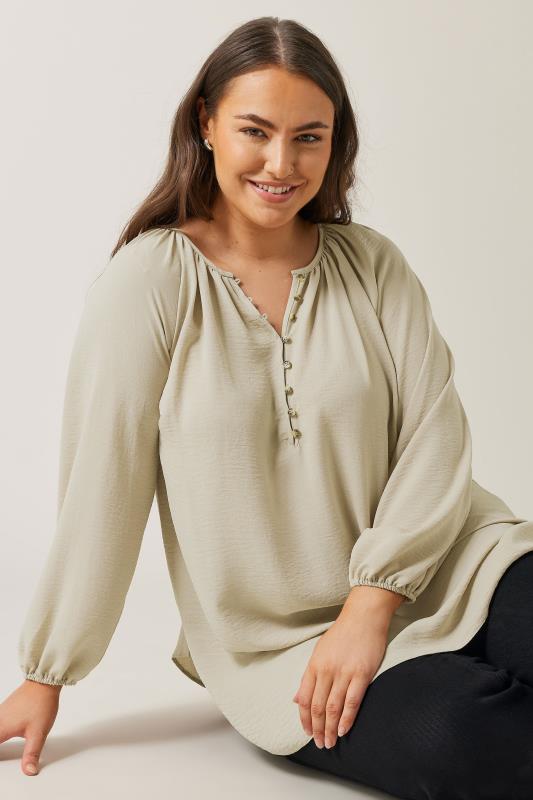 EVANS Plus Size Natural Brown Button Front Long Sleeve Blouse | Evans 1