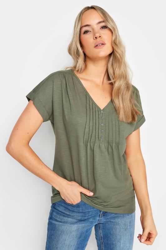 LTS Tall Women's Khaki Green Cotton Henley T-Shirt | Long Tall Sally 1