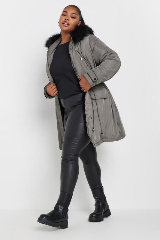 YOURS Plus Size Charcoal Grey Faux Fur Trim Parka Jacket | Yours Clothing 2