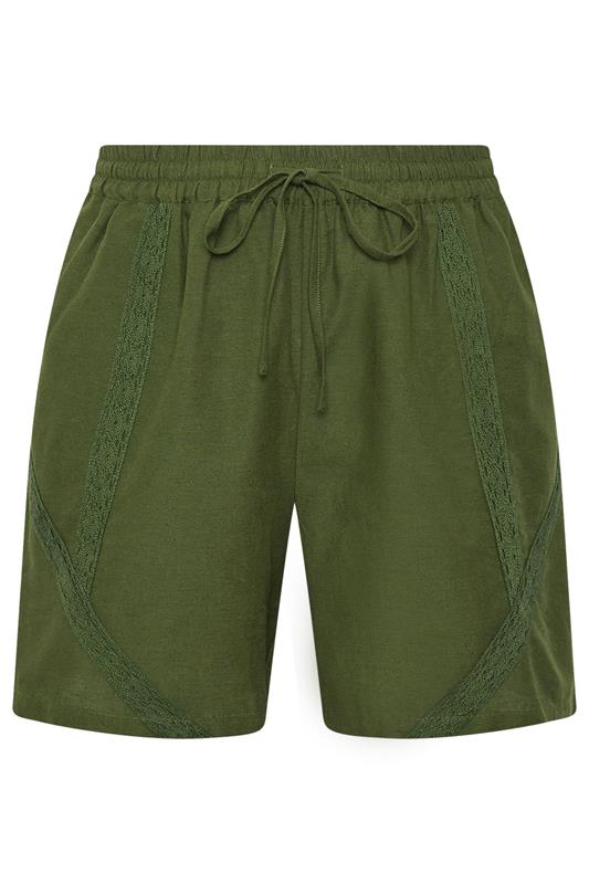 YOURS Plus Size Khaki Green Crochet Drawstring Shorts | Yours Clothing 5