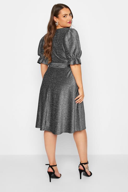 YOURS LONDON Plus Size Silver Glitter Puff Sleeve Midi Dress | Yours Clothing 4