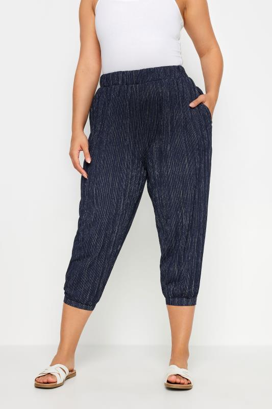 YOURS Plus Size Navy Blue Textured Cropped Harem Trousers | Yours Clothing 1