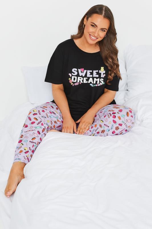 Plus Size Black & Purple 'Sweet Dreams' Cuffed Cotton Pyjama Set | Yours Clothing 4