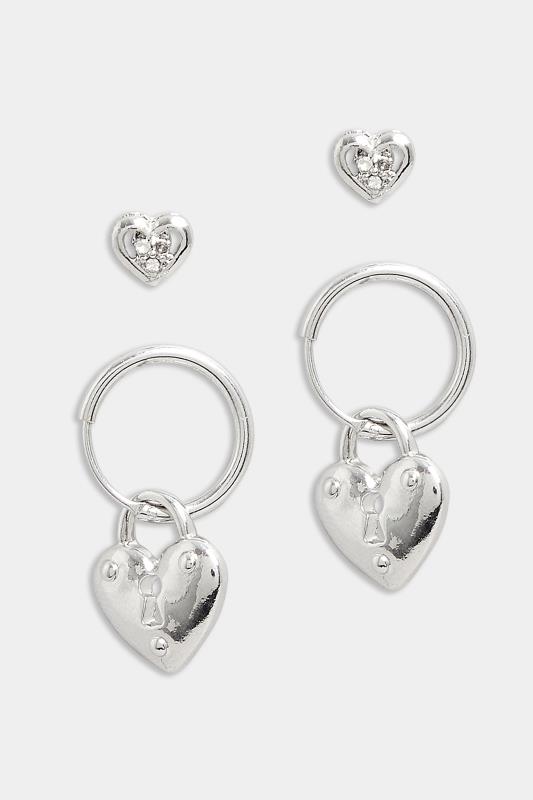 2 PACK Silver Small Heart Padlock Earrings | Yours Clothing  2