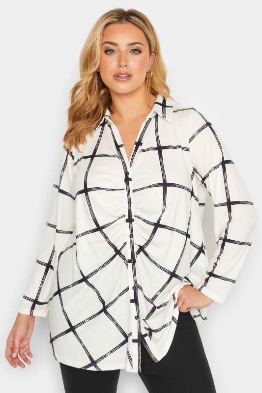 Curve Plus Size White Ruched Front Checked Shirt | Yours Clothing  1