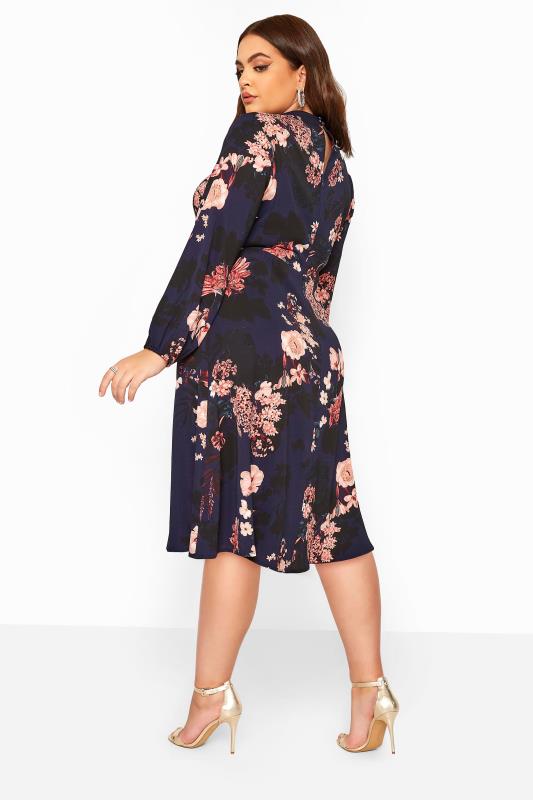 YOURS LONDON Navy Floral Turtleneck Skater Midi Dress | Yours Clothing