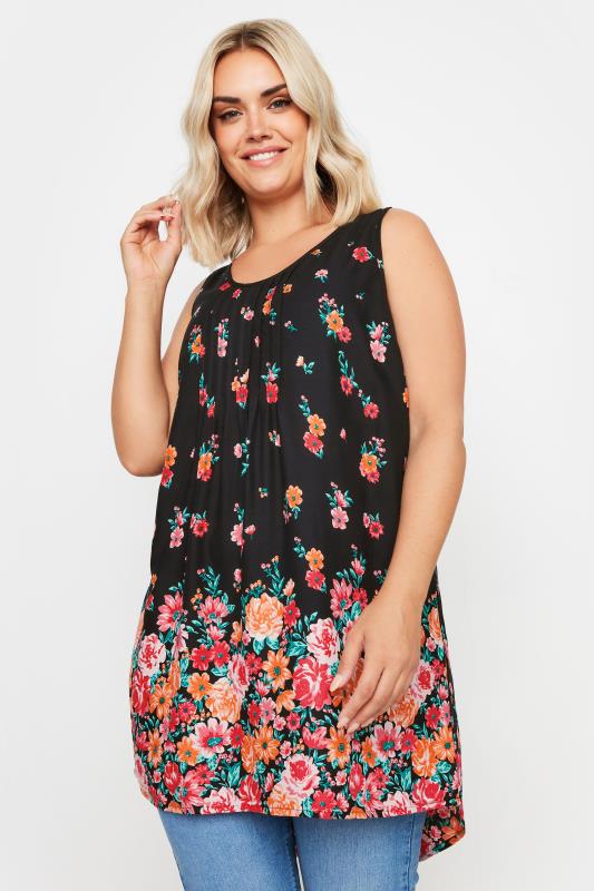 YOURS Plus Size Black Floral Print Dipped Hem Pleated Vest | Yours Clothing 1