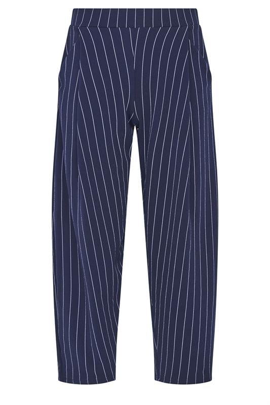 PixieGirl Petite Womens Navy Blue Stripe Barrel Leg Trousers | PixieGirl 5