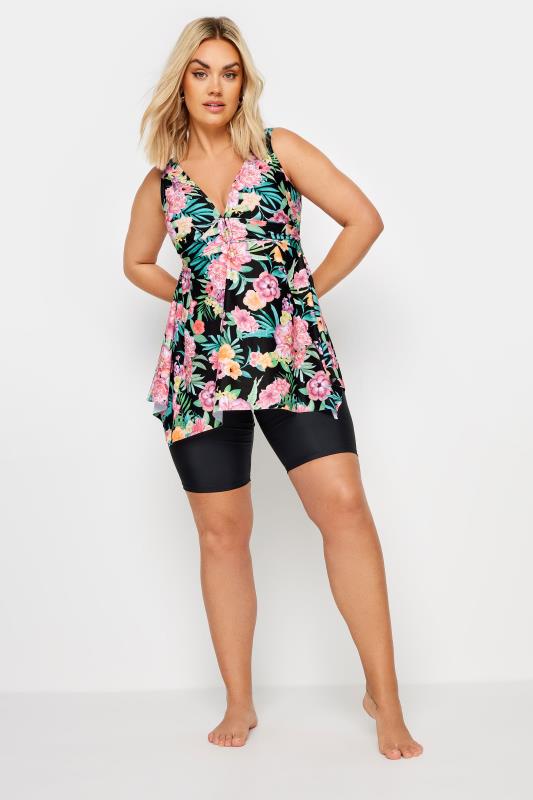 YOURS Plus Size Black Tropical Print Buckle Front Tankini Top | Yours Clothing 3