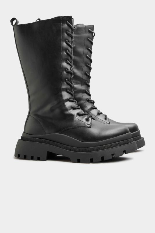  LIMITED COLLECTION Black Leather Look High Lace Up Boots In Wide E Fit